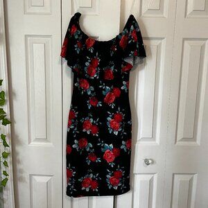 Midi Off-the-Shoulder Rose Bodycon Dress